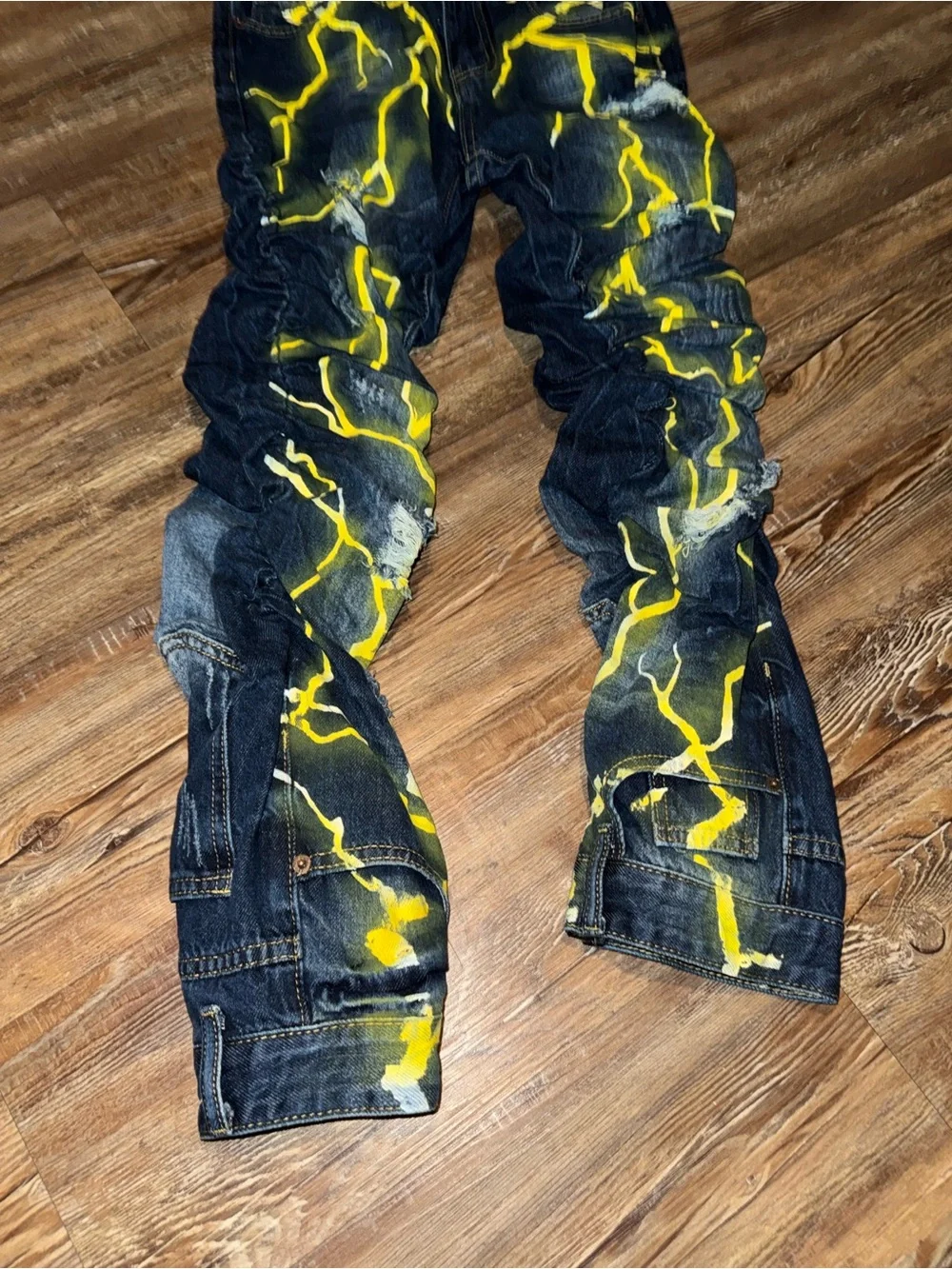 Men's Dark Wash Jeans with Yellow Lightning Graphic